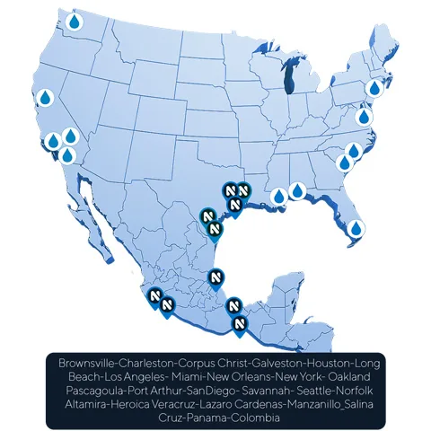 Noxguard Marine DEF (AUS-40) ports distribution map across the United States and Mexico